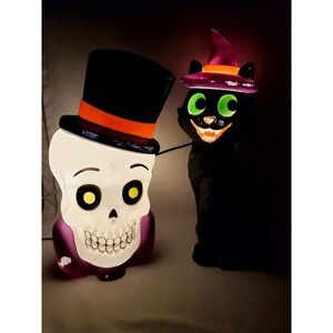 15"-17"Lighted Halloween Skull & Black Cat Blow Mold Corded Decor ● Witch's Hat